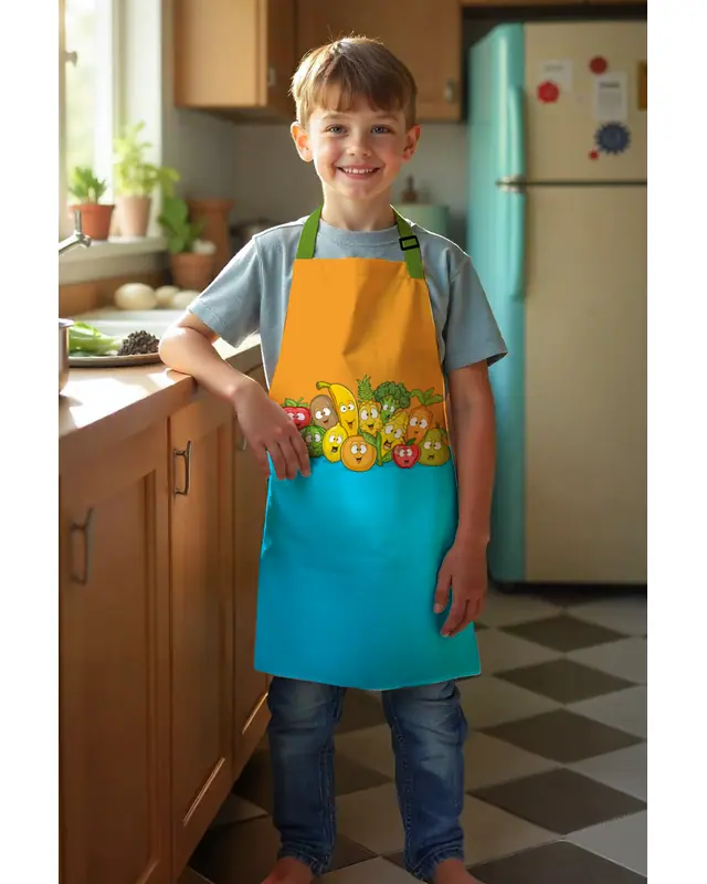Children Kitchen Apron, Activity Bib, Patterned Kitchen Apron, 55 cm Size 40 cm Width Children's Front - MTC-14 - 2