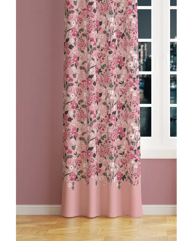 Pink Floral Patterned Suede Living Room Decorative Curtain Printed Pencil Pleat - Single Panel - PRD-1022-TK - 2