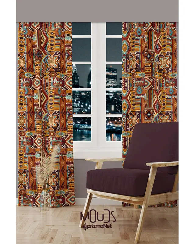 Etnik Kilim Desenli Süet Oturma Odası Salon Fon Perde Baskılı Ekstrafor Büzgü 2 Kanat Prd-1019