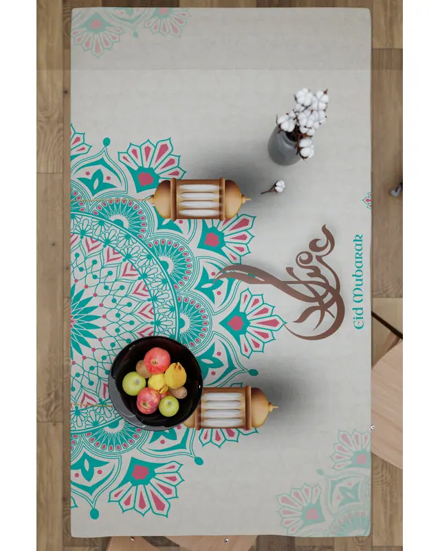 Ramadan Turquoise Ethnic Rectangular Easy-Care Suede-Feel Tablecloth - MS-258 - 6