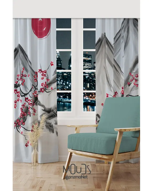 Blossom Japan 2 Patterned Suede Living Room Decorative Curtain Printed Pencil Pleat - Set of 2 Panels - PRD-1107