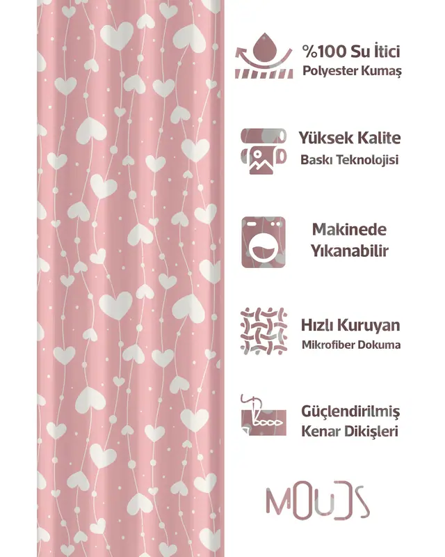 Shower Curtain, Pink White Heart Patterned Shower Curtain, Bathtub Curtain, Rings Included 175x200cm - BP-10 - 2