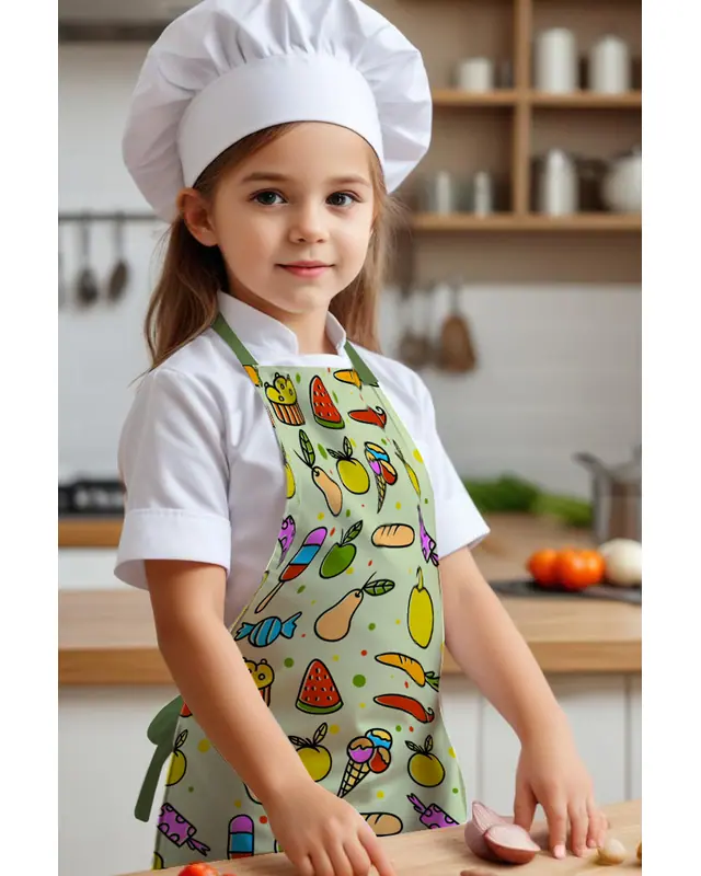 Çocuk Mutfak Önlüğü, Aktivite Önlüğü, Desenli Mutfak Önlüğü, 55 cm Boy 40 cm Genişlik Çocuk Önlüğü