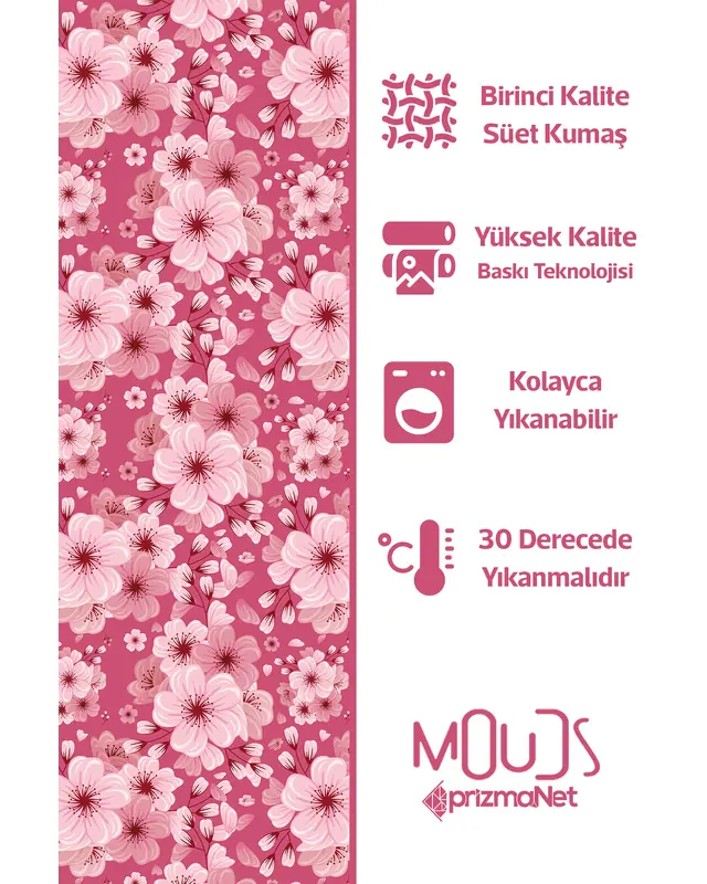Pembe Çiçek 2 Desenli Süet Oturma Odası Salon Fon Perde Baskılı Ekstrafor Büzgü TEK KANAT PRD-1041 - 5