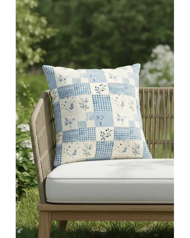 Blue Floral Yama Pattern Cushion Cover Water-Resistant Wipe-Clean Digitally Printed Garden Decor