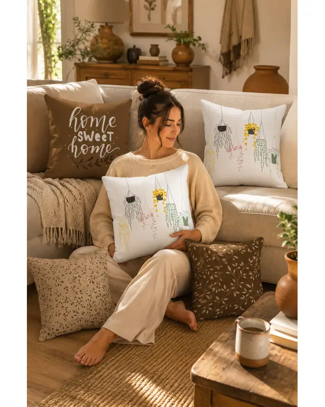 Double-Sided Printed Brown Sweet Home Series Pattern Set of 4 Coordinated Suede Cushion Cover - PLG203 - 2