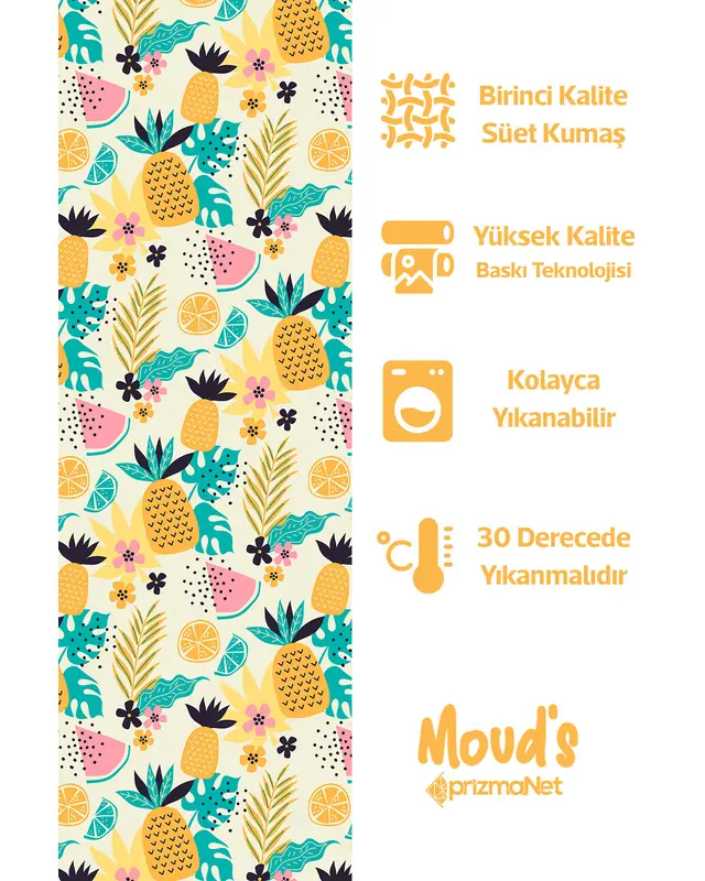 Sarı Ananas Karpuz Limon Desenli Yuvarlak Süet Dertsiz Masa Örtüsü - 2