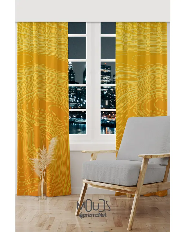 Yellow Wave Stile Desenli Süet Oturma Odası Salon Fon Perde Baskılı Ekstrafor Büzgü 2 Kanat PRD-1059