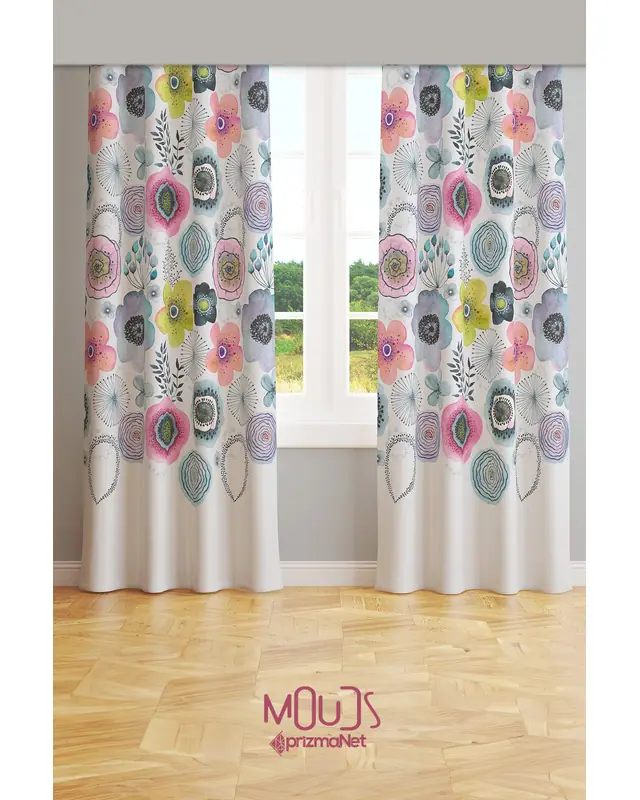 Water Flower Patterned Suede Living Room Decorative Curtain Printed Pencil Pleat - Set of 2 Panels - PRD-1104 - 2