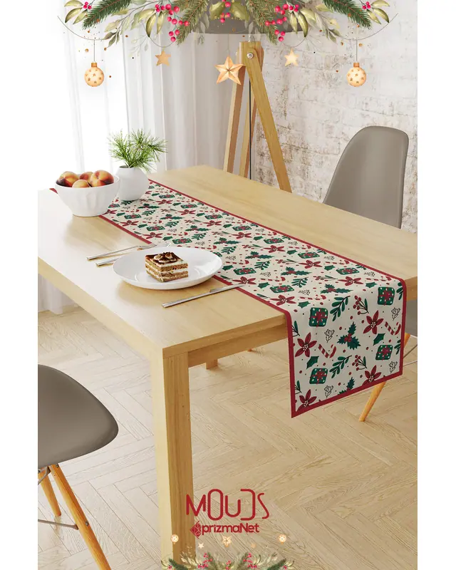 Krem Kokina Çiçeği Christmas Pattern Table Runner Easy-Care Suede Textured Fabric New Year - 2
