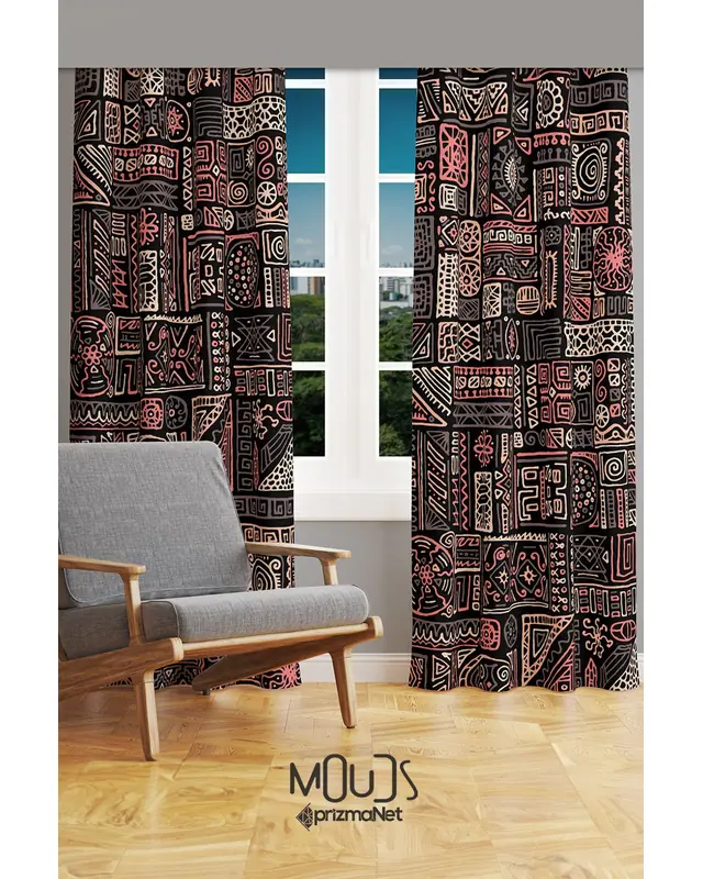 Hitit Figure Patterned Suede Living Room Decorative Curtain Printed Pencil Pleat Body - Set of 2 Panels - PRD-1013 - 3