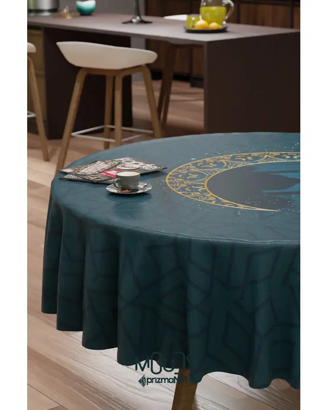 Ramazan Ay ve Camii Silüet Desenli Süet Kumaş Dertsiz Yuvarlak Masa Örtüsü Ramadan - 3