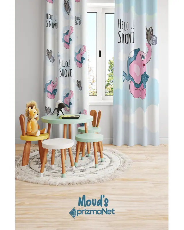 Pembe Fil Desenli Baskılı Çocuk ve Bebek Odası Fon Perdesi 2 Kanat - PRD-24 - 2