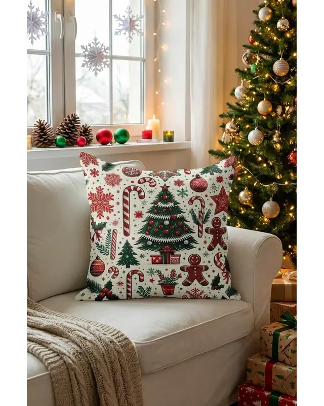 Christmas Tree and Candy Pattern Cushion Cover Double-Sided Printed Decorative Pillow Cover PL1140