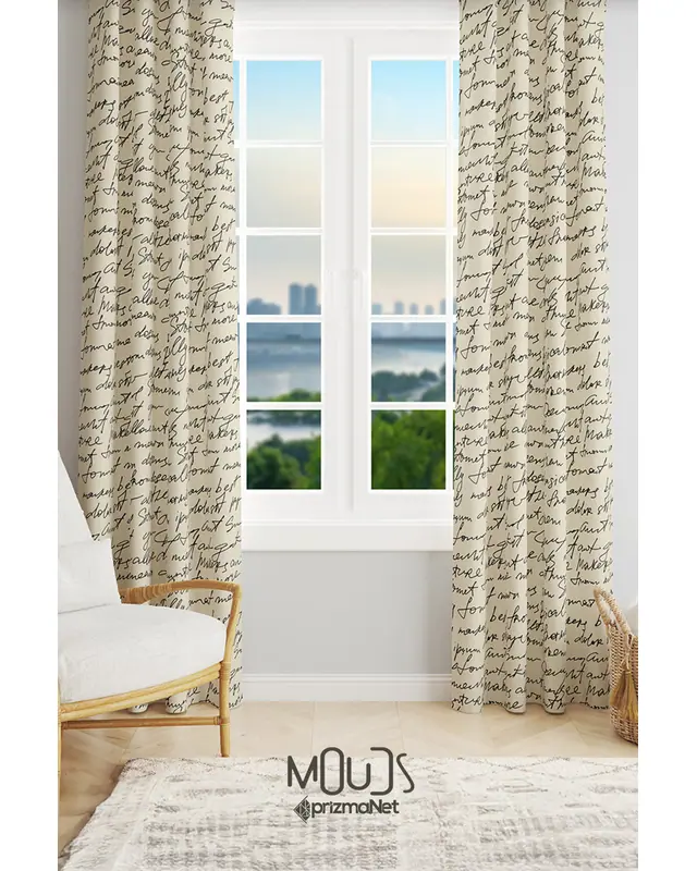 Cream Handwriting Patterned Suede Living Room Decorative Curtain Pencil Pleat Body - Set of 2 Panels - PRD-1096