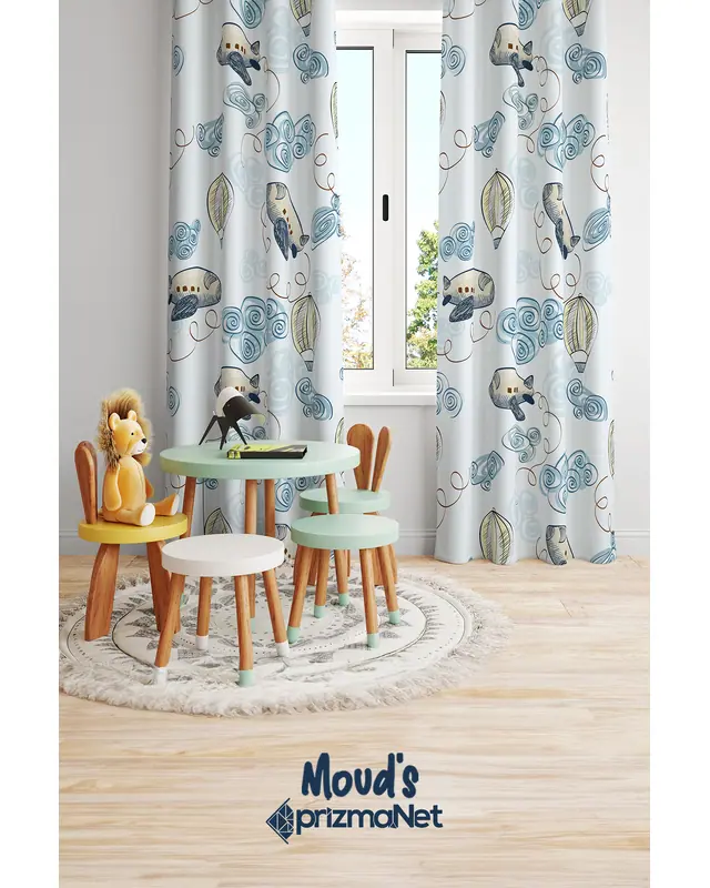 Blue Aircraft Patterned Printed Kids' and Baby Room Decorative Curtain - Set of 2 Panels - PRD-19 - 2