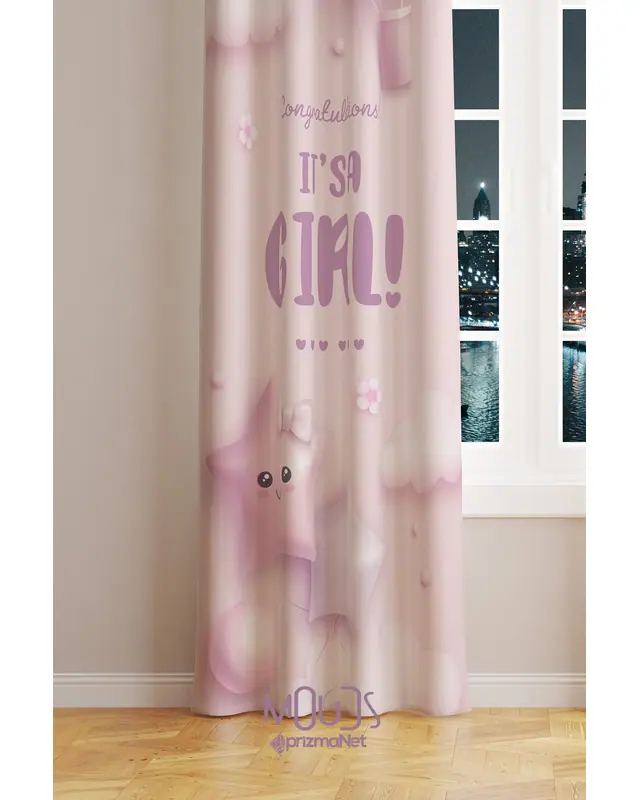 Pink Girl Patterned Decorative Curtain Kids' and Baby Room Digital Printed Suede Pencil Pleat - Single Panel - PRD-51-TK - 2