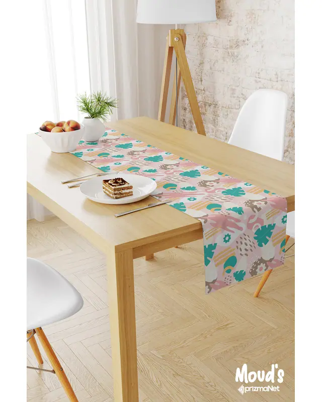 Pastel Floral and Leaf Pattern Printed Suede Table Runner