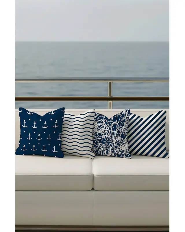 Set of 4 Sea Pattern Cushion Cover Water-Resistant Wipe-Clean Digitally Printed Boat and Yacht Decor SET05
