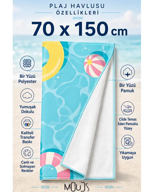Dijital Baskılı 70x150cm Mavi Tatil Desenli Plaj Havlusu - Banyo Havlusu - Deniz Havlusu - 2