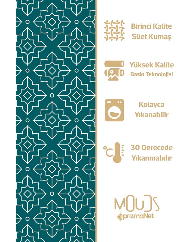 Turkuaz Beyaz Süsleme İslamik Desenli Süet Kumaş Dertsiz Masa Örtüsü Kare ve Dikdörtgen - 7