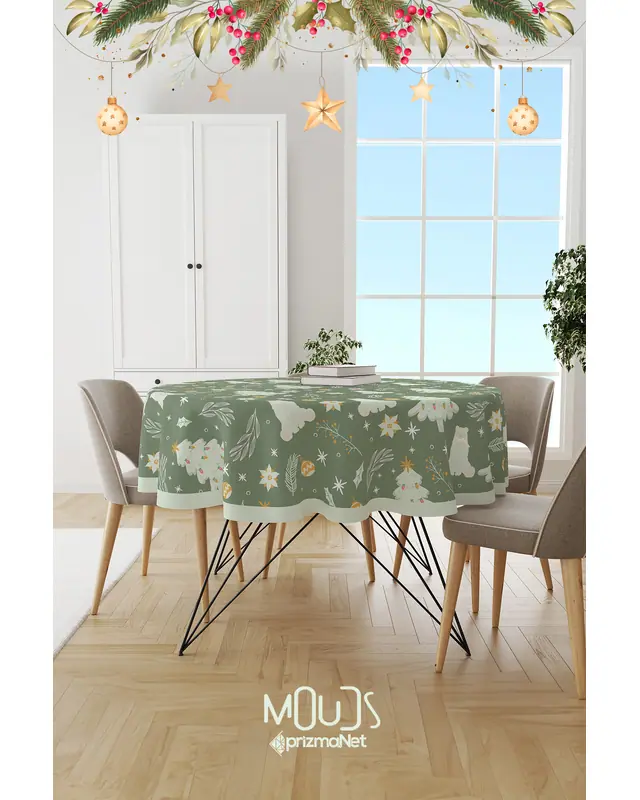 Khaki Christmas Round Easy-Care Suede-Feel Tablecloth - MSY-194 - 3