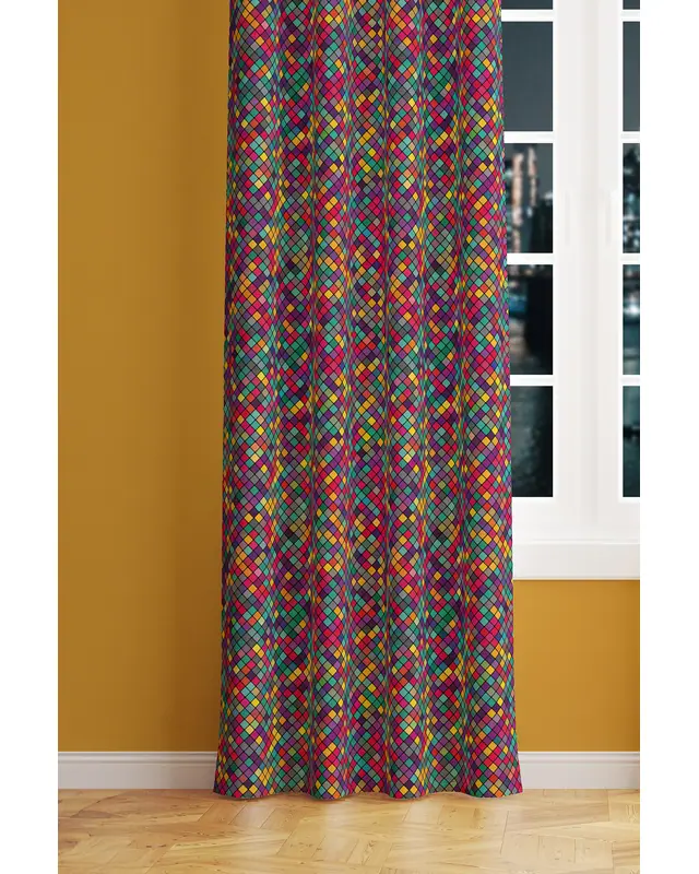 Colorful Small Square Patterned Suede Living Room Decorative Curtain Printed Pencil Pleat - Single Panel - PRD-1004-TK