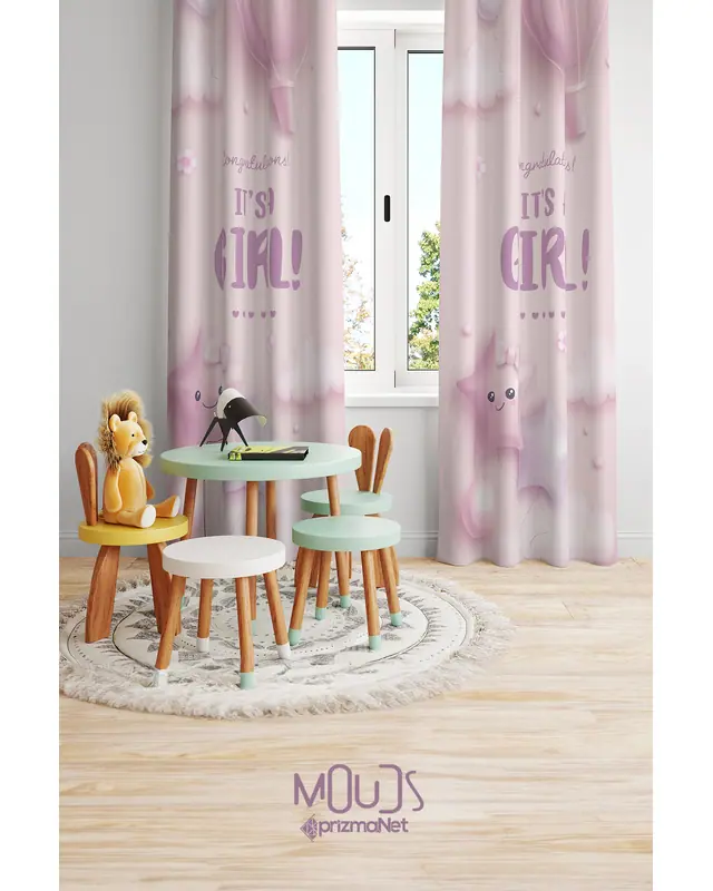 Pink Girl Patterned Decorative Curtain Kids' and Baby Room Printed Suede Pencil Pleat Off - Set of 2 Panels - PRD-51 - 2