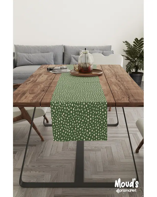 Green Noktalar Pattern Printed Suede Table Runner - 2