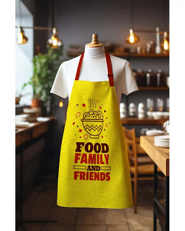 Süet Dokulu Kumaş Family Food Yemek Desenli Mutfak Önlüğü, Aşçı Önlüğü, Garson Önlüğü, Restoran Önlük