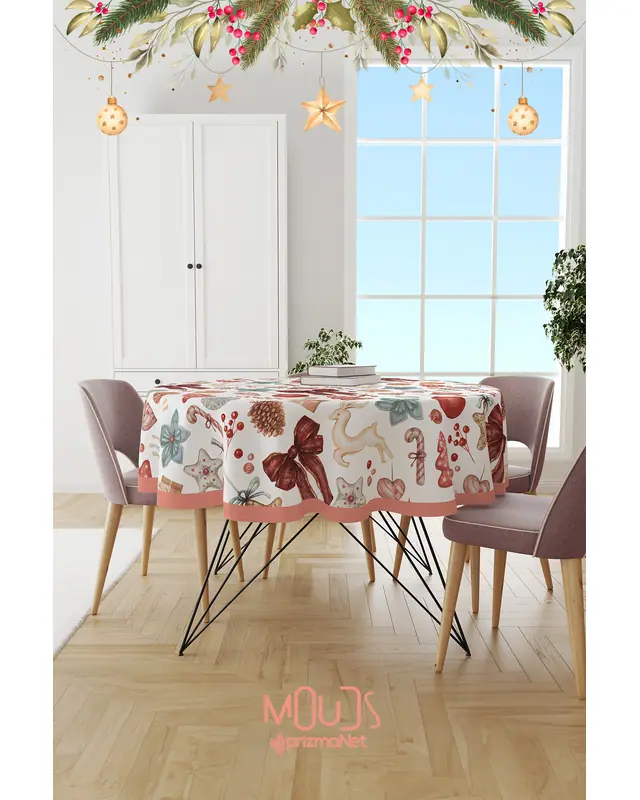 Retro Christmas Round Easy-Care Suede-Feel Tablecloth - MSY-199 - 2