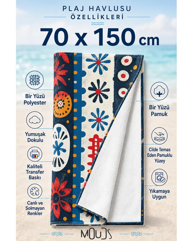 Dijital Baskılı 70x150cm Renkli Eski Çiçekler Desenli Plaj Havlusu - Banyo Havlusu - Deniz Havlusu - 3