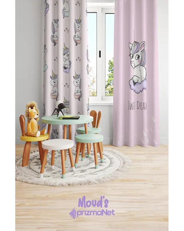 Sleeper Unicorn Patterned Printed Kids' and Baby Room Decorative Curtain - Set of 2 Panels - PRD-31 - 2