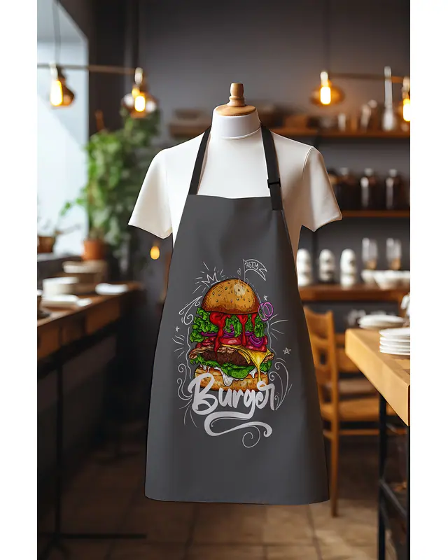 Süet Dokulu Kumaş Burger Desenli Mutfak Önlüğü, Aşçı Önlüğü, Garson Önlüğü, Restoran Önlük
