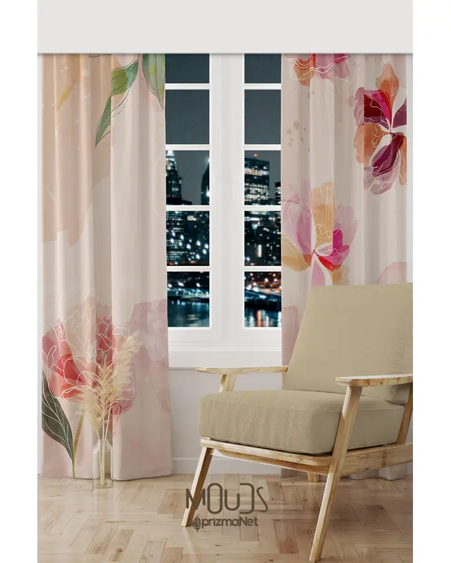 Flower Art Patterned Suede Living Room Decorative Curtain Printed Pencil Pleat - Set of 2 Panels - PRD-1030