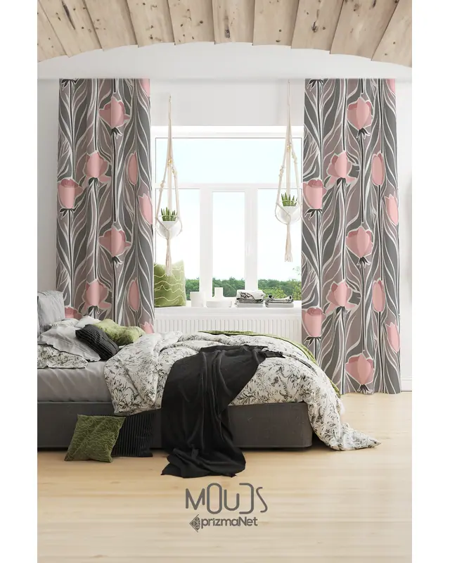 Mirror Flowers 1 Patterned Suede Living Room Salon Decorative Curtain Printed Pencil Pleat - Set of 2 Panels - PRD-1063