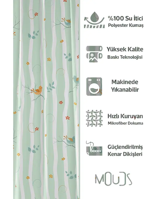 Banyo Perdesi, Kuş ve Çiçek Desenli Duş Perdesi, Küvet Perdesi, Halka Hediyeli 175x200cm BP-14 - 2