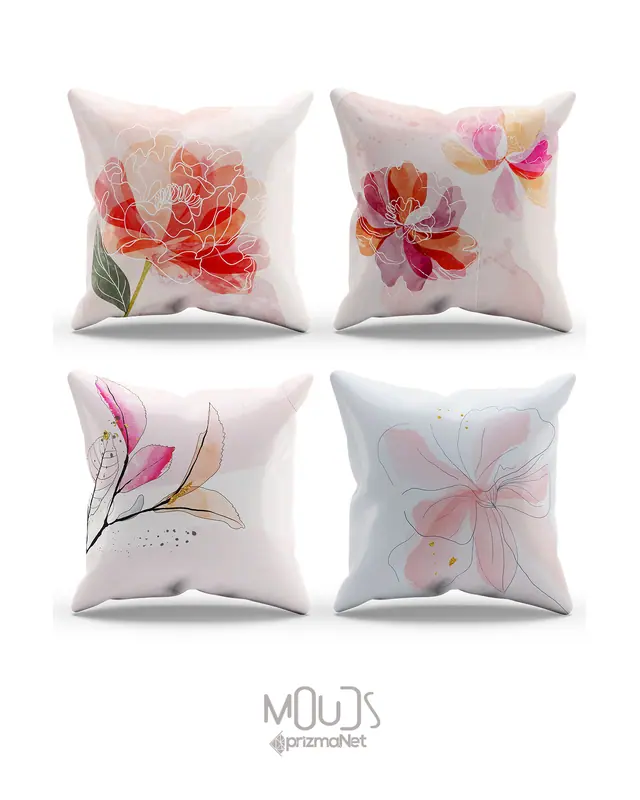 Çift Tarafı Baskılı Flower Art Desenli 4'lü Kombin Süet Kırlent Kılıfı
