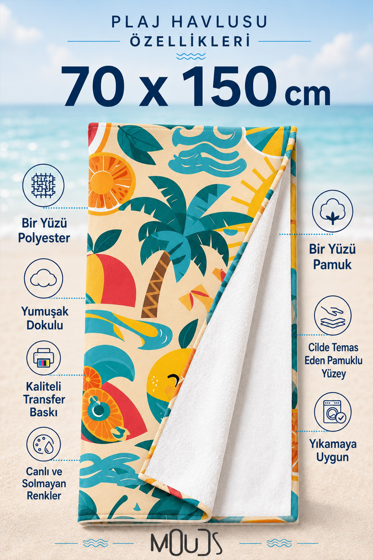 Dijital Baskılı 70x150cm Kumsal Şenliği Desenli Plaj Havlusu - Banyo Havlusu - Deniz Havlusu