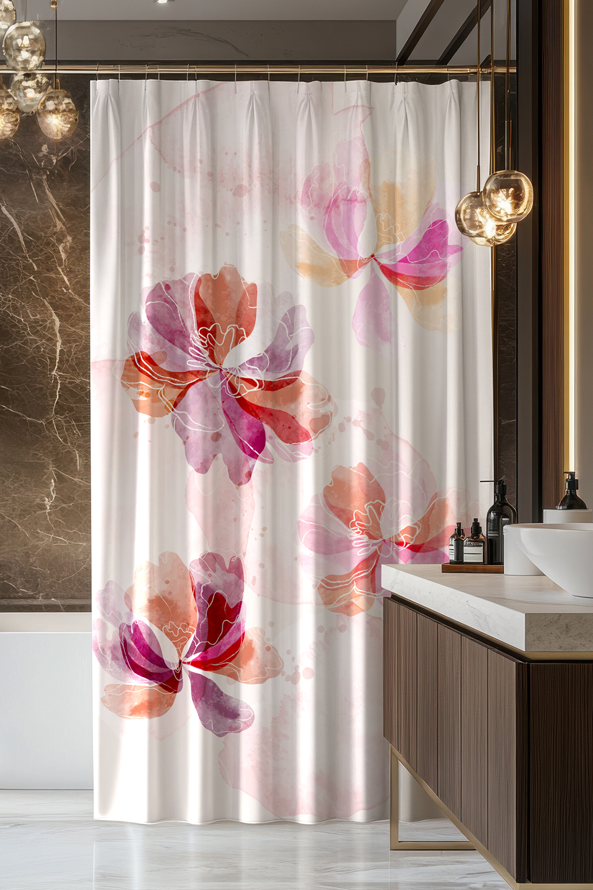 Banyo Perdesi, Gül Baharı Desenli Duş Perdesi, Küvet Perdesi, Halka Hediyeli 175x200cm BP-50