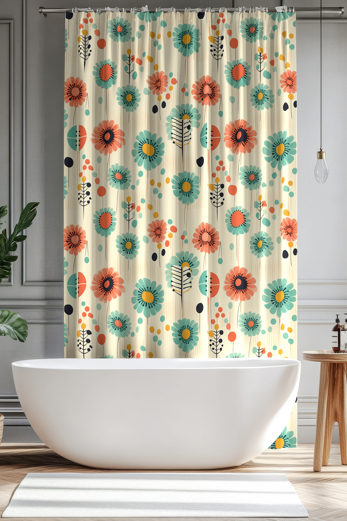 Banyo Perdesi, Retro Bahar Çiçeği Desenli Duş Perdesi, Küvet Perdesi, Halka Hediyeli 175x200cm BP-40