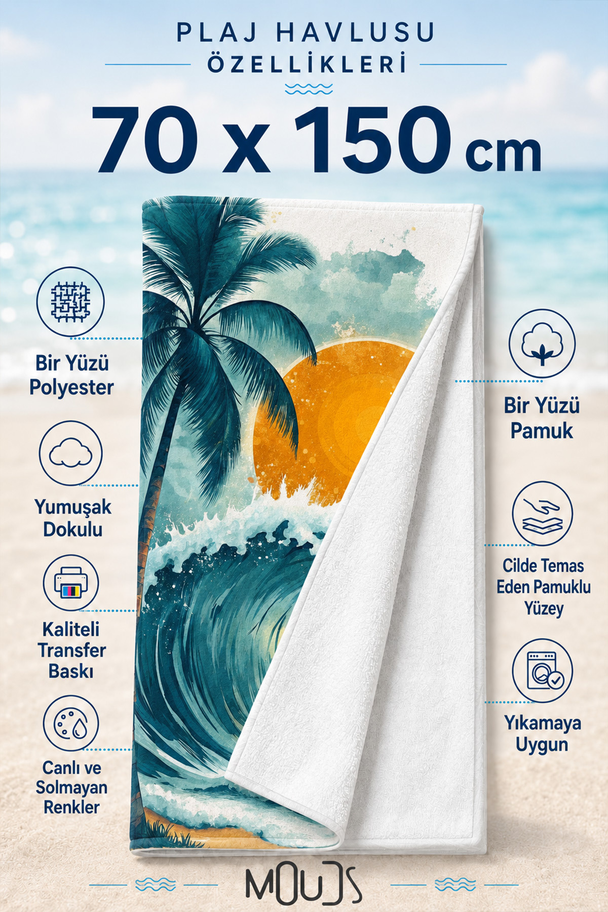 Dijital Baskılı 70x150cm Tropikal Meltem Desenli Plaj Havlusu - Banyo Havlusu - Deniz Havlusu - 3