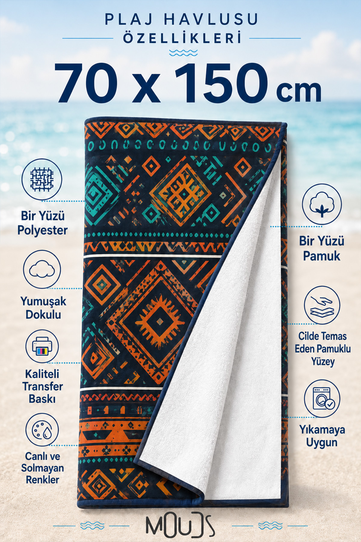 Dijital Baskılı 70x150cm Aztek Güneşi Desenli Plaj Havlusu - Banyo Havlusu - Deniz Havlusu