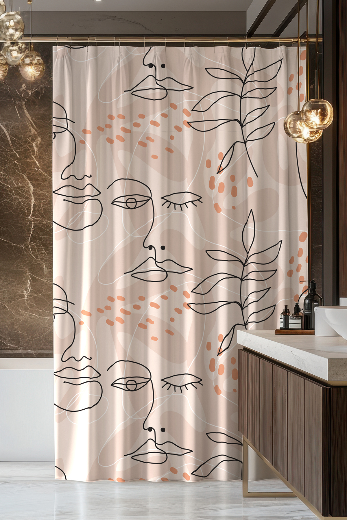 Banyo Perdesi, Çizgisel Kadın Desenli Duş Perdesi, Küvet Perdesi, Halka Hediyeli 175x200cm BP-63
