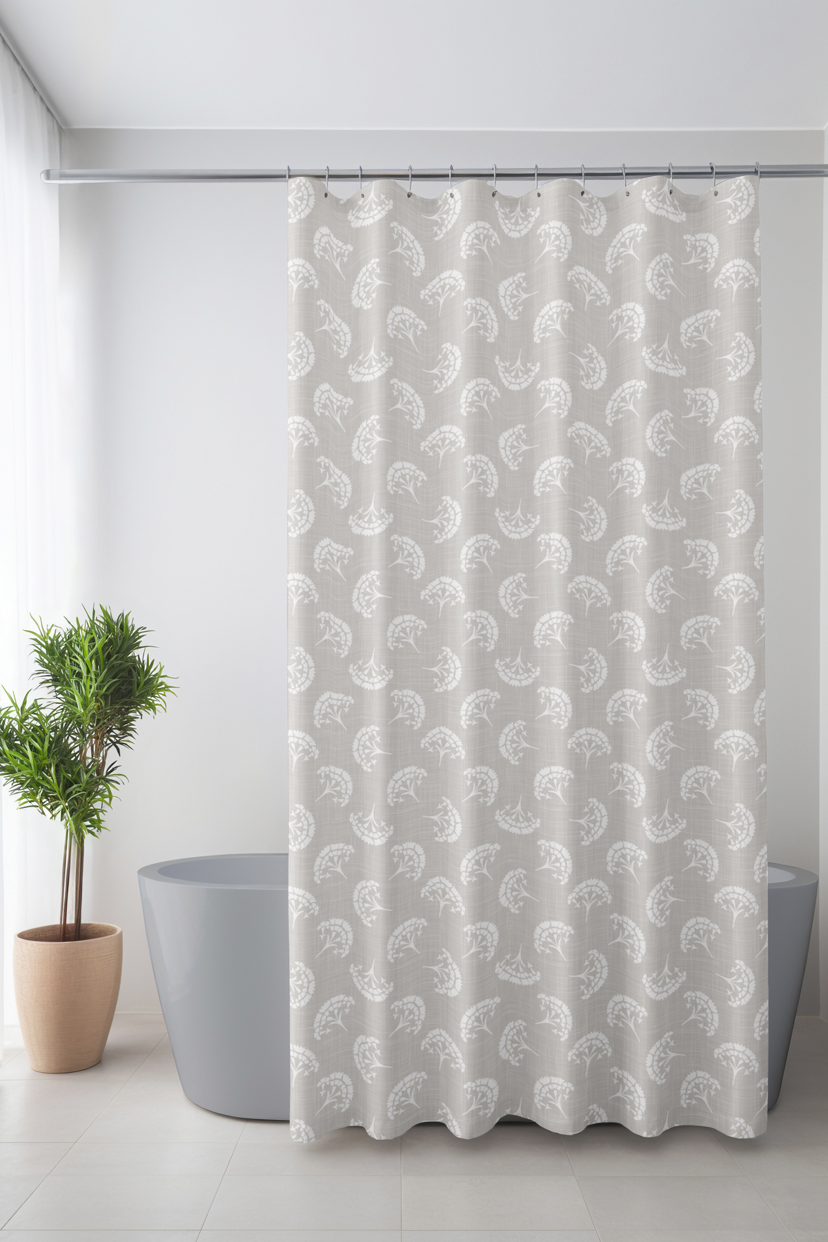 Banyo Perdesi, Beyaz Tüy Desenli Duş Perdesi, Küvet Perdesi, Halka Hediyeli 175x200cm BP-21