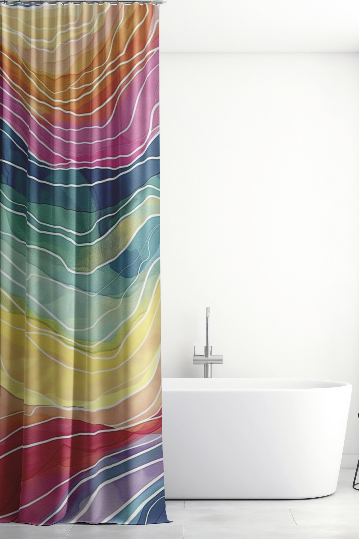 Banyo Perdesi, Renkli Dalgalar Desenli Duş Perdesi, Küvet Perdesi, Halka Hediyeli 175x200cm BP-04