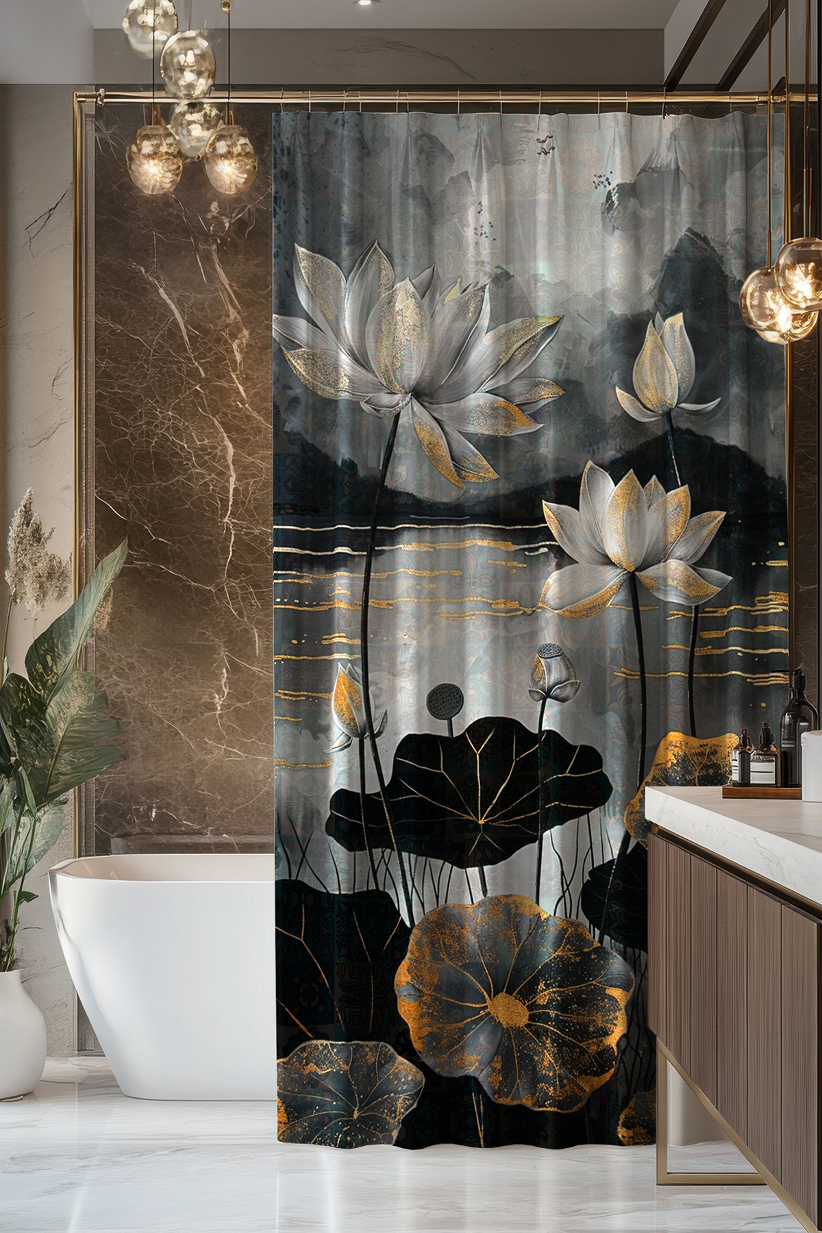 Banyo Perdesi, Lotus Işıltısı Desenli Duş Perdesi, Küvet Perdesi, Halka Hediyeli 175x200cm BP-90