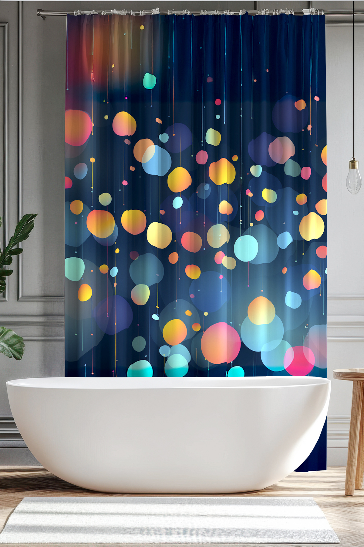 Banyo Perdesi, Renkli Işıklar Desenli Duş Perdesi, Küvet Perdesi, Halka Hediyeli 175x200cm BP-85
