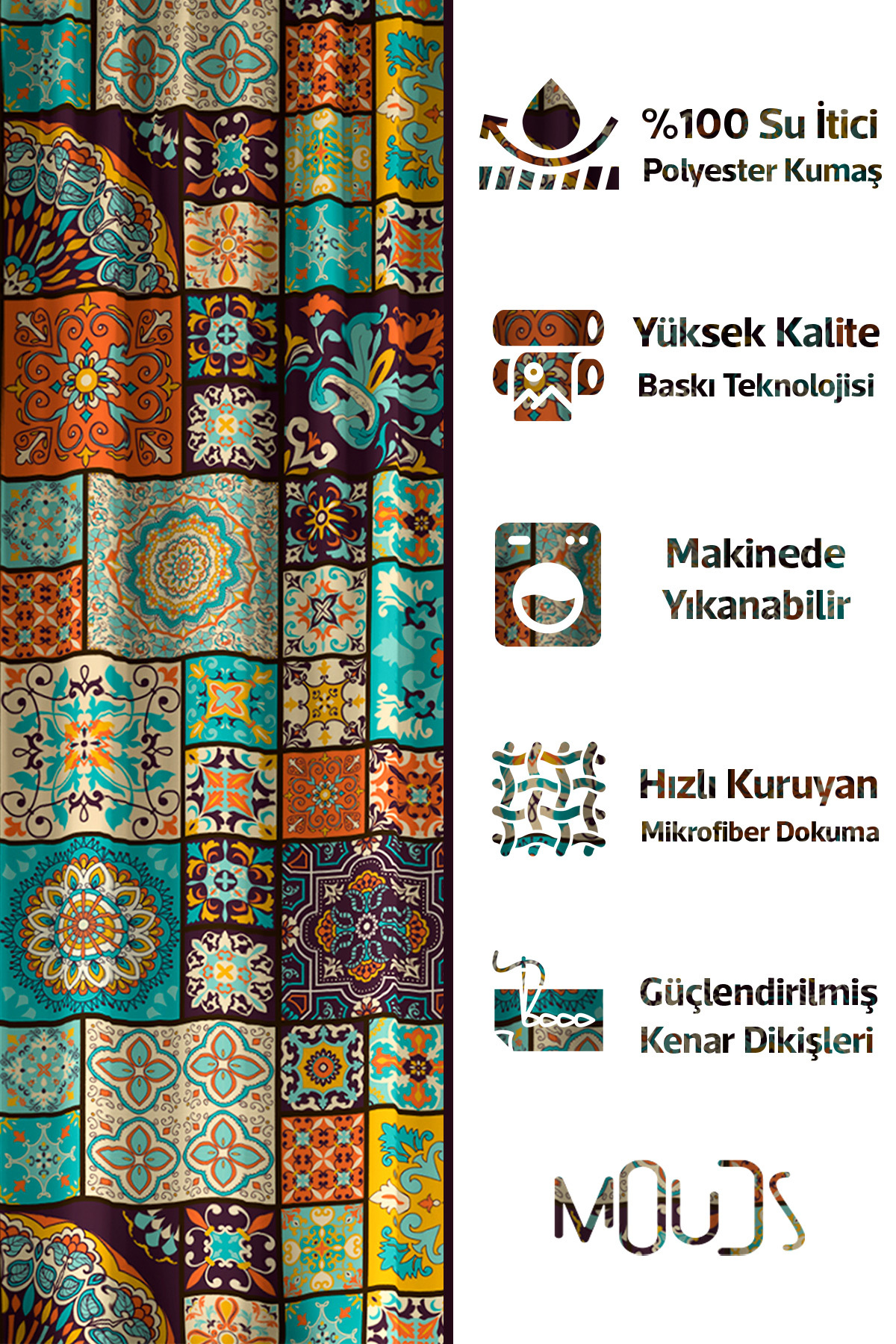 Banyo Perdesi, Osmanlı Desenli Duş Perdesi, Küvet Perdesi, Halka Hediyeli 175x200cm BP-60