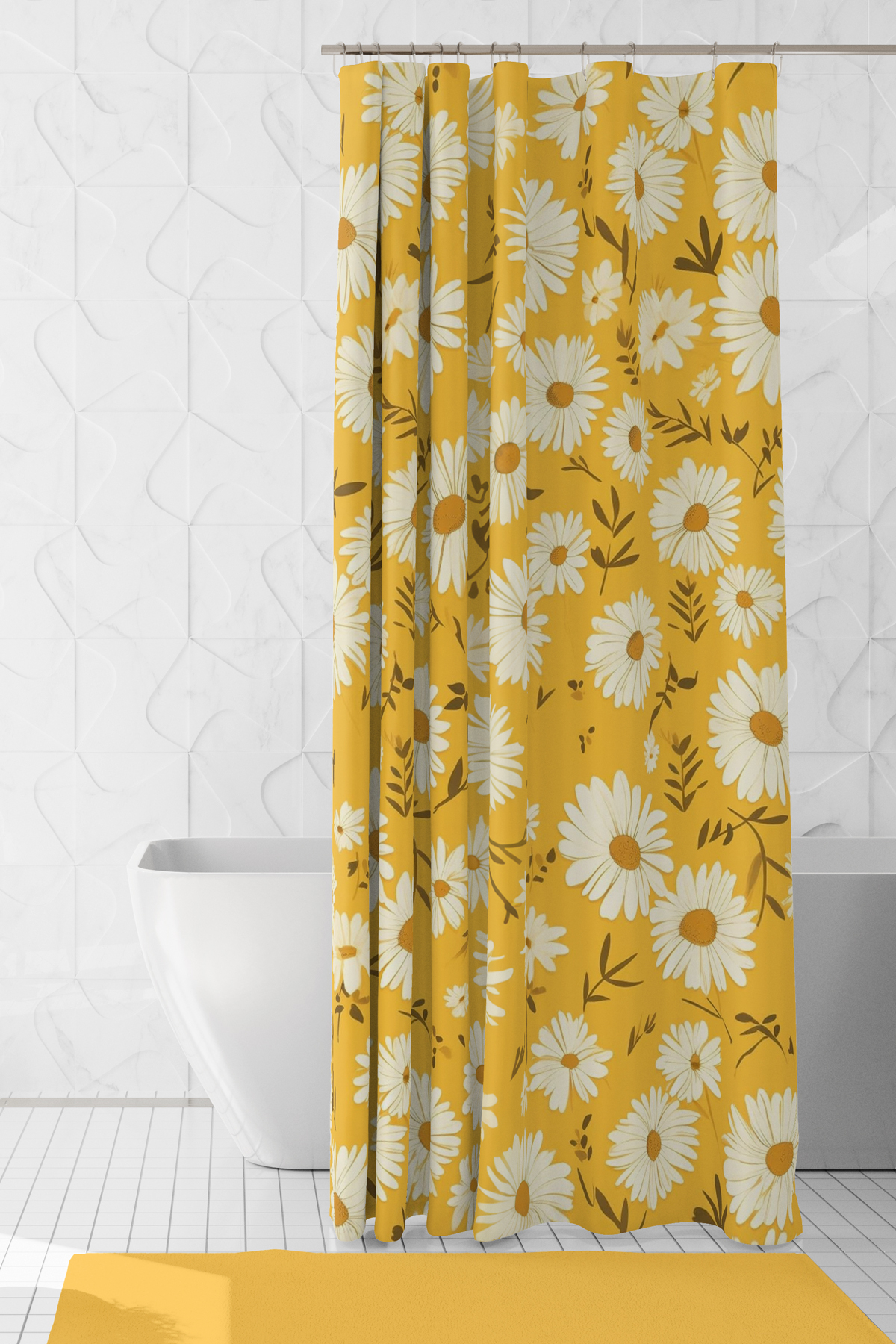 Banyo Perdesi, Papatya Güneşi Desenli Duş Perdesi, Küvet Perdesi, Halka Hediyeli 175x200cm BP-95